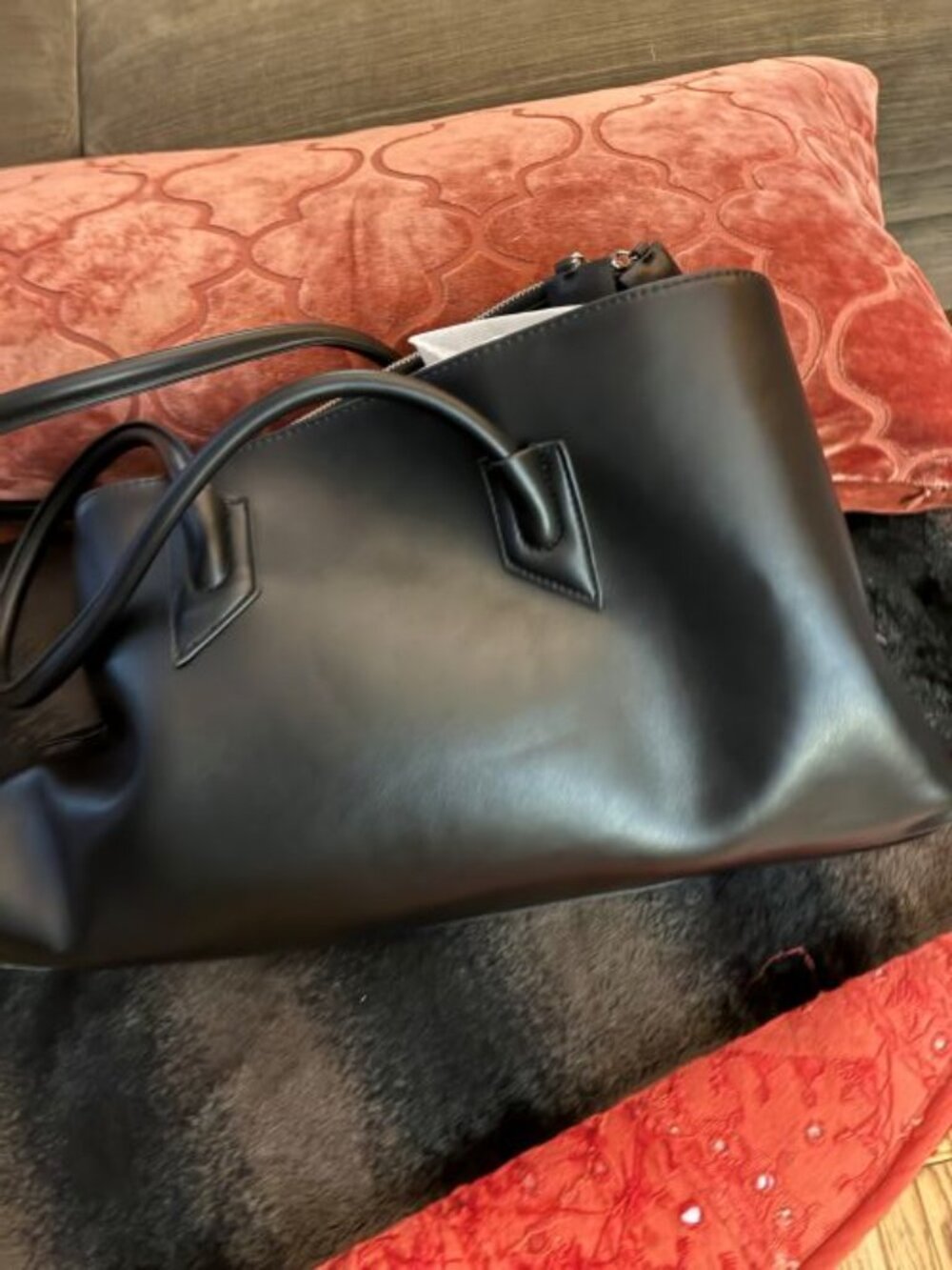 FAUX LEATHER OVERSIZE TOTE DOUBLE SHOULDER STRAP